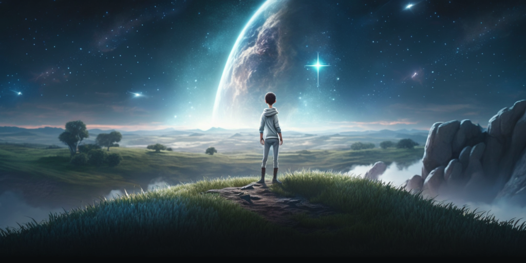 AI concept art of a boy looking up at a sky with a star in it
