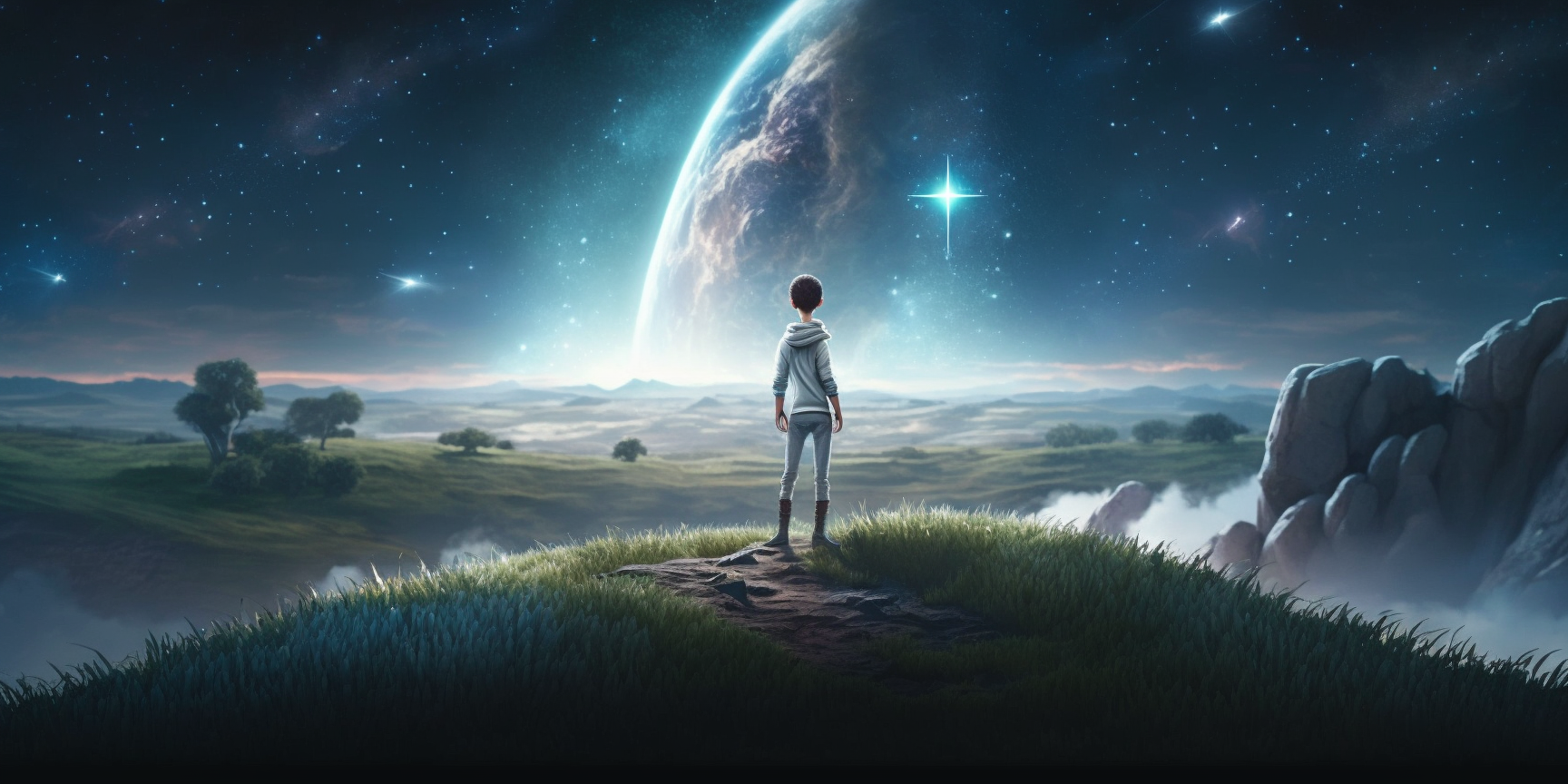 AI concept art of a boy staring at a sky with a bright star.
