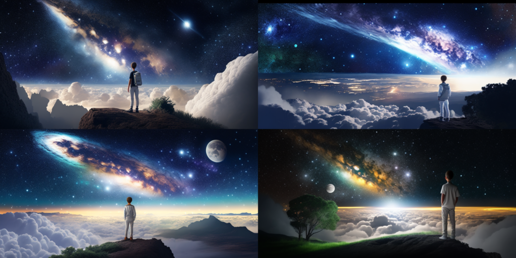 Art choices of a boy staring at a sky full of stars and galaxies.