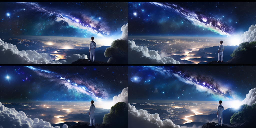 Art with four options of a boy staring at a sky full of stars and galaxies.