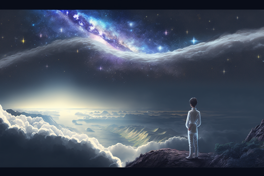 AI concept art of a boy overlooking a misty valley with a galaxy above him