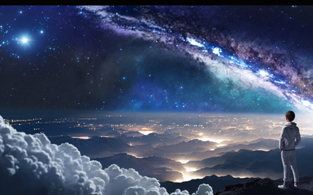 AI concept art of a boy staring at a star overlooking a city in valley with a galaxy above him.